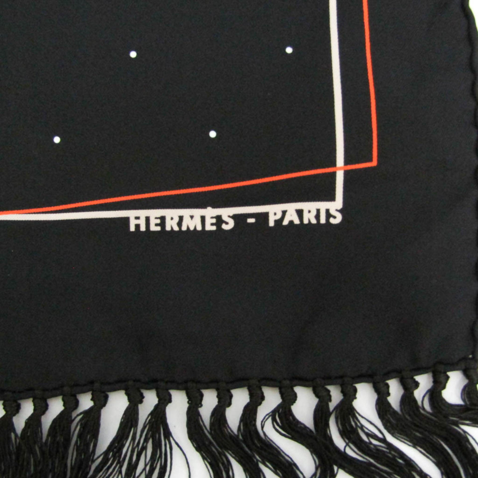Hermes Perforated Fringe Long Scarf Women's Silk Stole Black 8